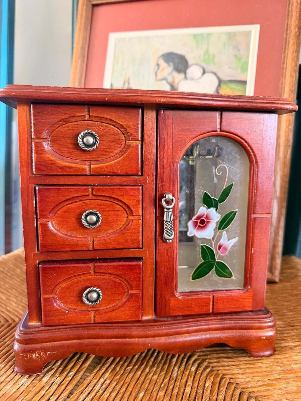 Vintage Wooden Jewelry Box Armoire Floral Glass Door & Three Drawers